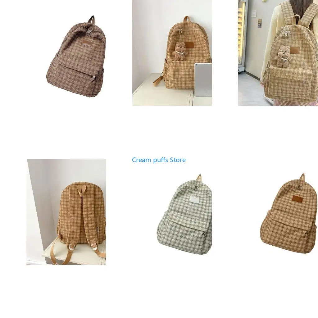 50LE Corduroy Lattice Backpack Student School Bag Girl Teens Large Capacity Daypacks