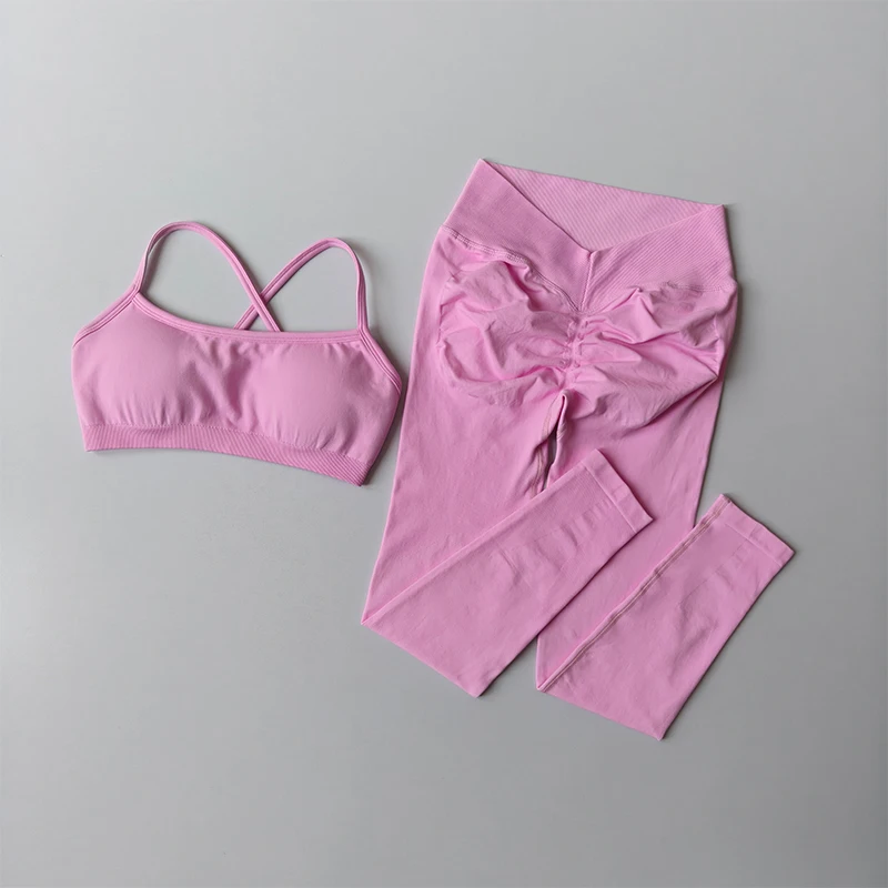 女性用2ピースワークアウトセット-速乾ヨガウェア-ヒップアップレギンス-スポーツブラ付きフィットネススーツ