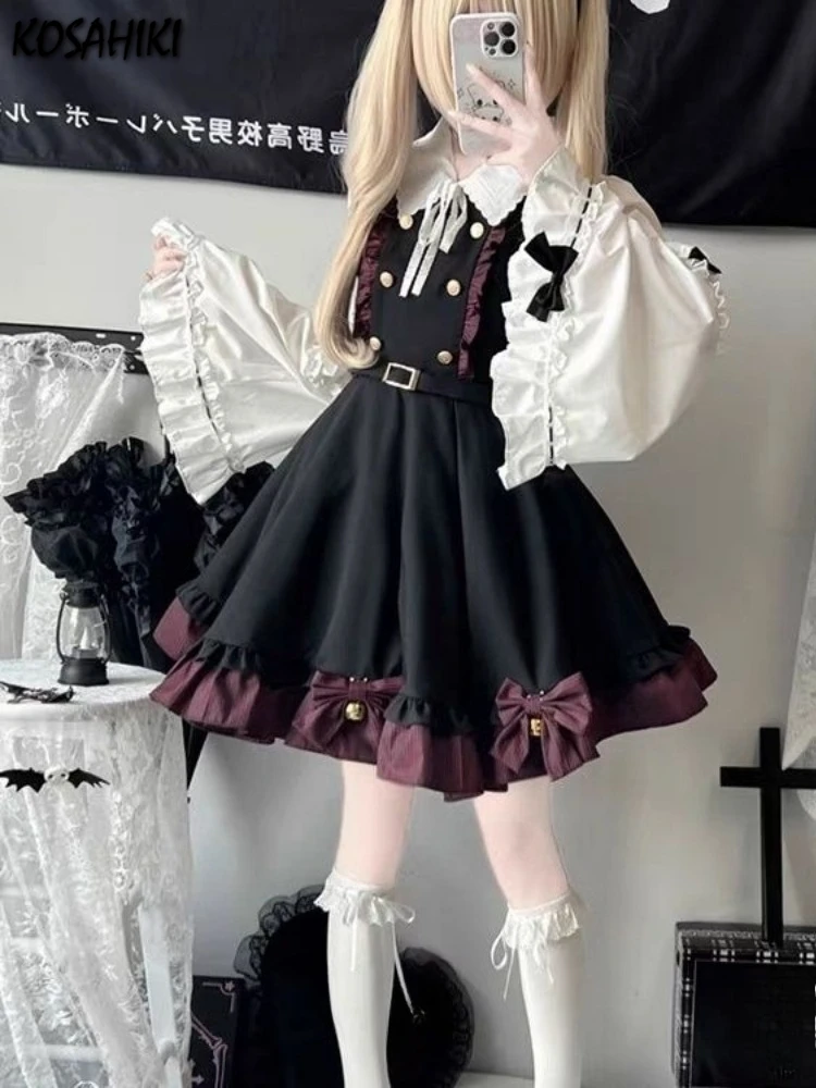 かわいいリボンフリルパッチワークドレスとフレアスリーブロリータブラウスY2k美的日本のかわいいツーピース女性用JKスーツ衣装