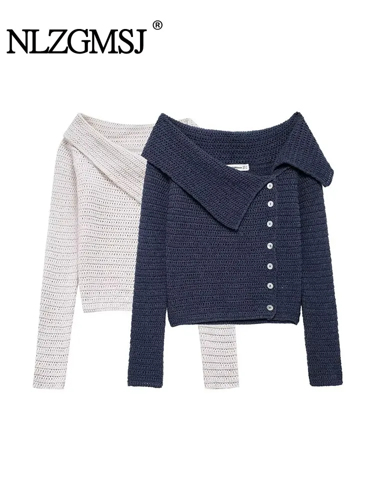 TRAF 2024 Autumn Off Shoulder Knitted Women Cardigan Foldsover Single Breasted Slim Sweater Jacket Female Crop Top Y2K