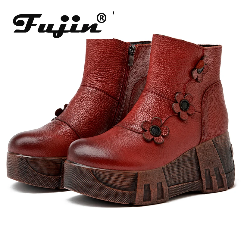 

Fujin 7cm Flower ZIP Women Spring Autumn Ankle Booties Boots Shoes New Natural Cow Genuine Leather Platform Wedge Chunky Sneaker