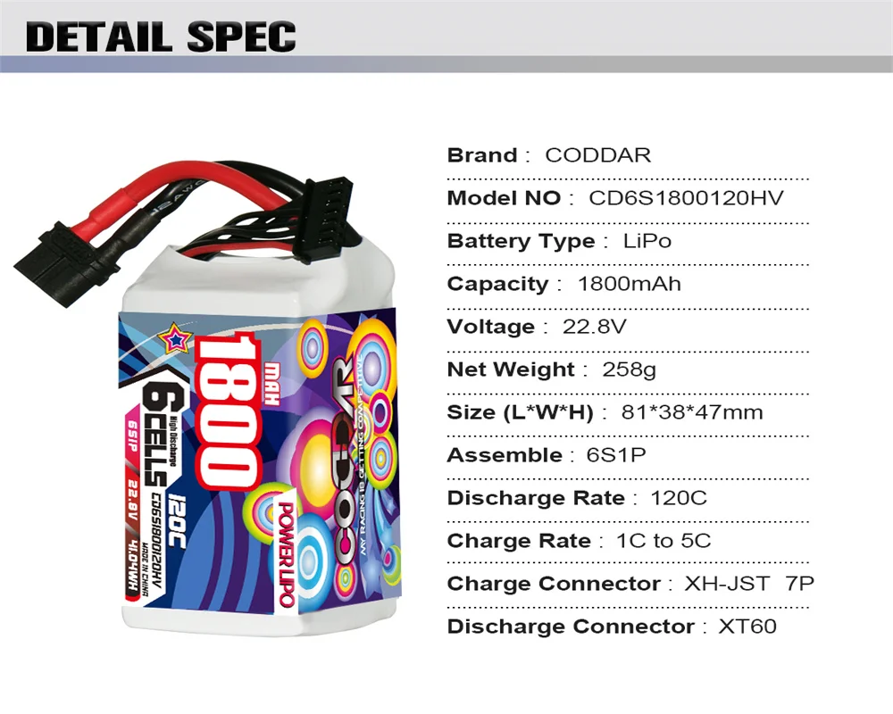 CODDAR 1800MAH 6S 22.8V 120C LIHV High Voltage Lightweight 5