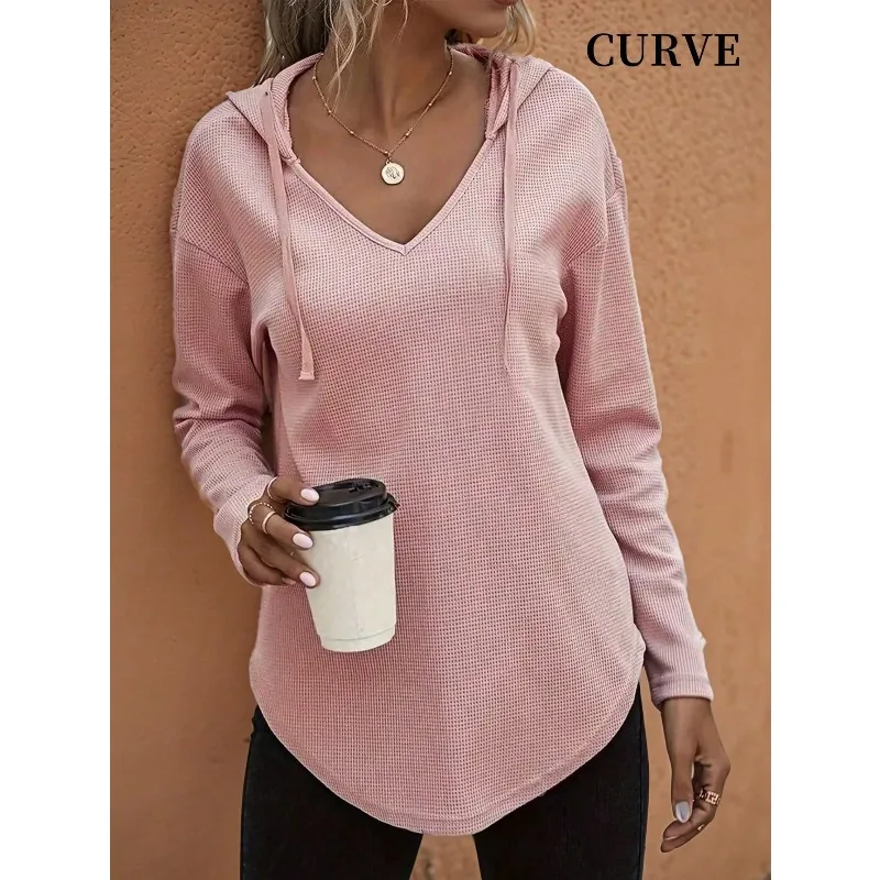 Plus Size 1XL-5XL New Women's Fashion V-neck Long Sleeve Hoodie Sweatshirt Ladies Casual Drawstring Pullover Top