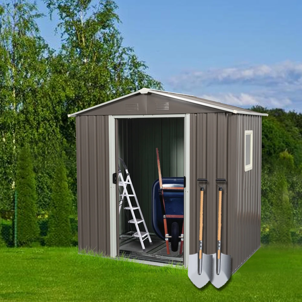 6ft X 5ft Outdoor Metal Storage Shed Gray with Window Outdoor Steel Storage Shed with Lockable Doors Perfect for Garden Backyard