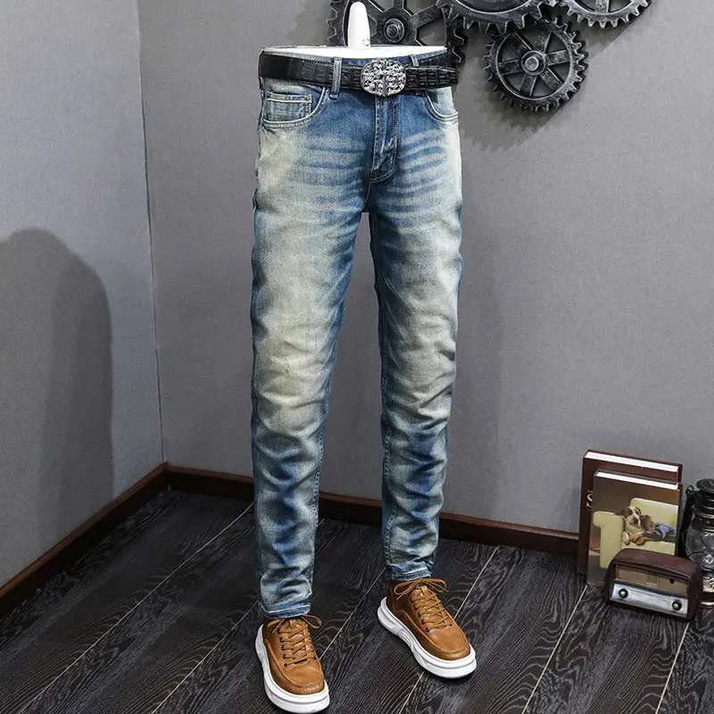 

Fashion Designer Men Jeans High Quality Retro Washed Blue Stretch Slim Fit Ripped Jeans Men Vintage Casual Denim Pants Hombre