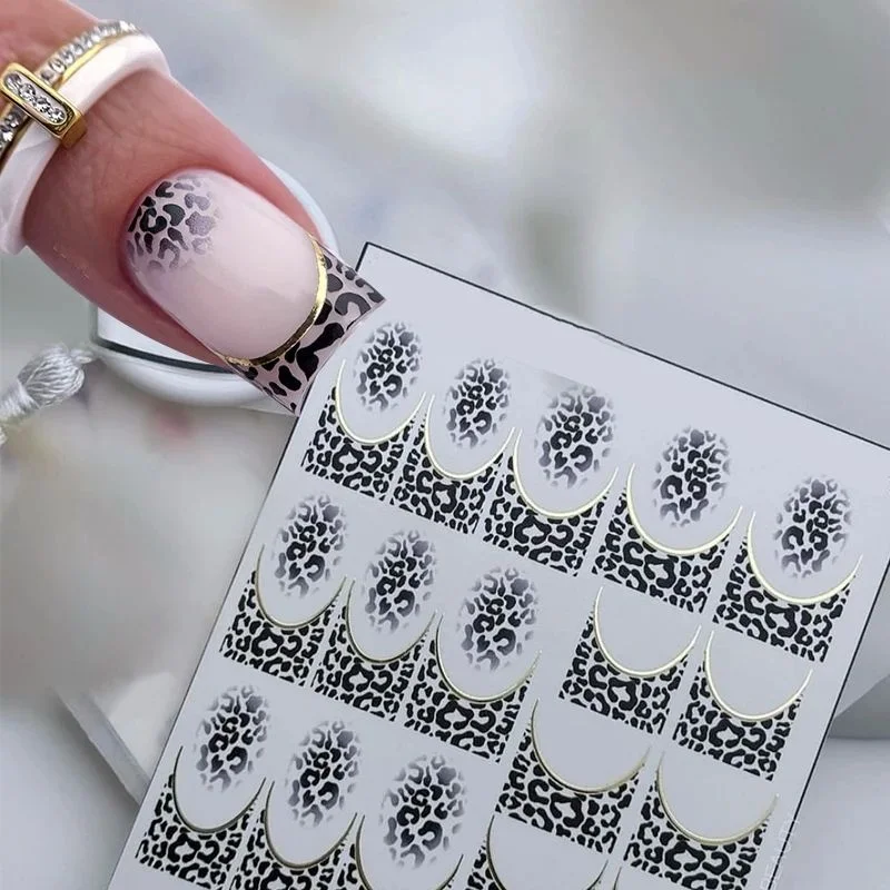 

500PCS 3D Black Leopard Print Nail Stickers with Gold French Border