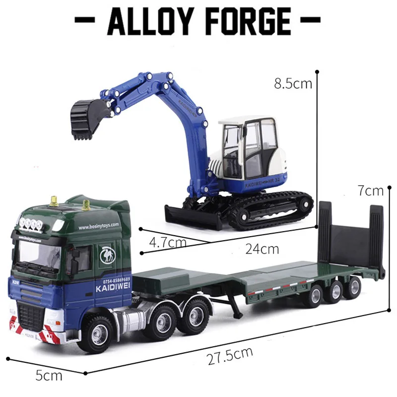 1:50 KDW Alloy Diecast Flatbed trailerwith bulldozer Model Toy Vehicle semitrailer Car For Kids Toys Gift Decoration Collection