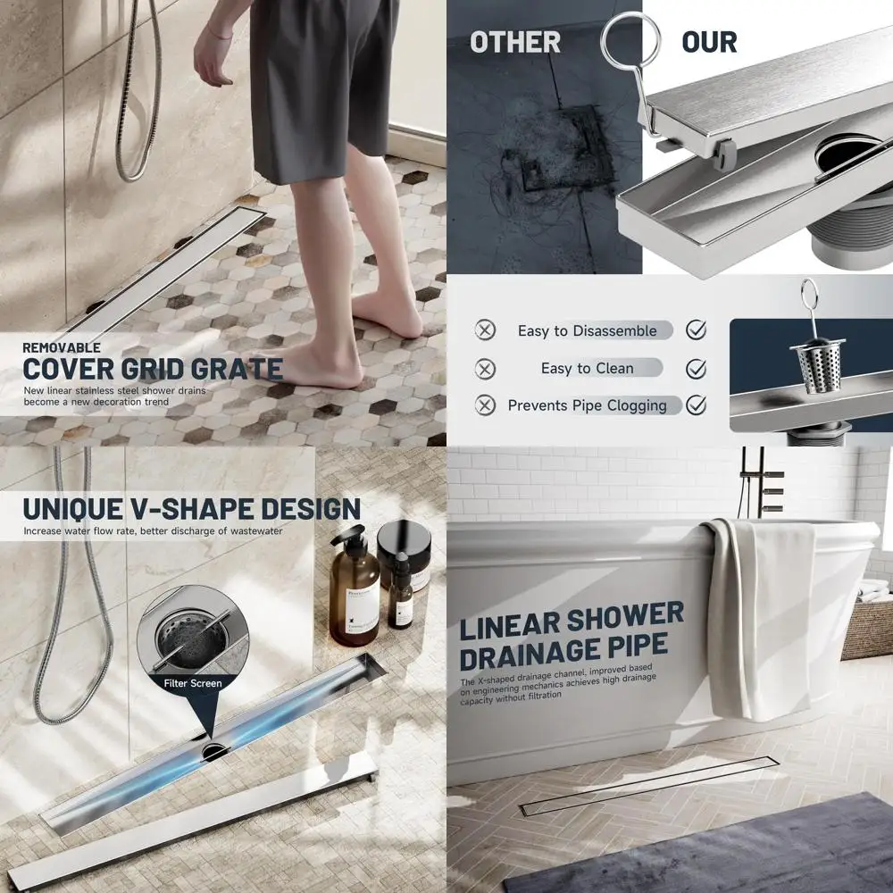 Ralo de Chuveiro de 28 Polegadas com Inserção para Azulejo, Ralo de Chão em Aço Inoxidável, Pés Niveladores Ajustáveis, Coletor de Cabelos, Acabamento Escovado