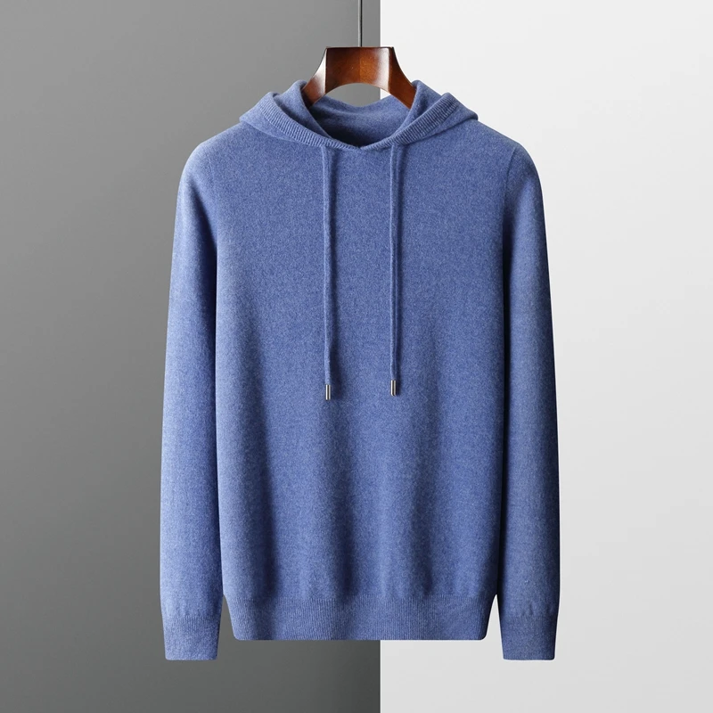Autumn Winter New 100% Merino Wool Men\'s One-piece ready-to-wear Hoodie Knitted Sweatshirt Casual Large Long Sleeved Top