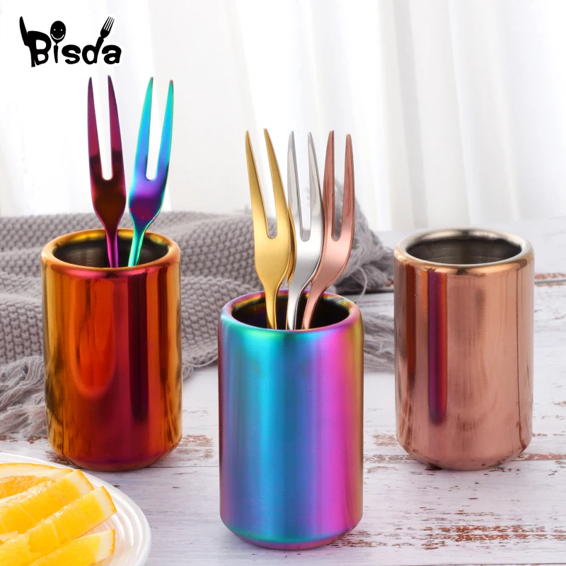 Fruit Fork Holder Cylinder Dinnerware Stainless Steel Tableware Tools for Dessert Snack Cake Fork Mini Spoon Home Party Utensil