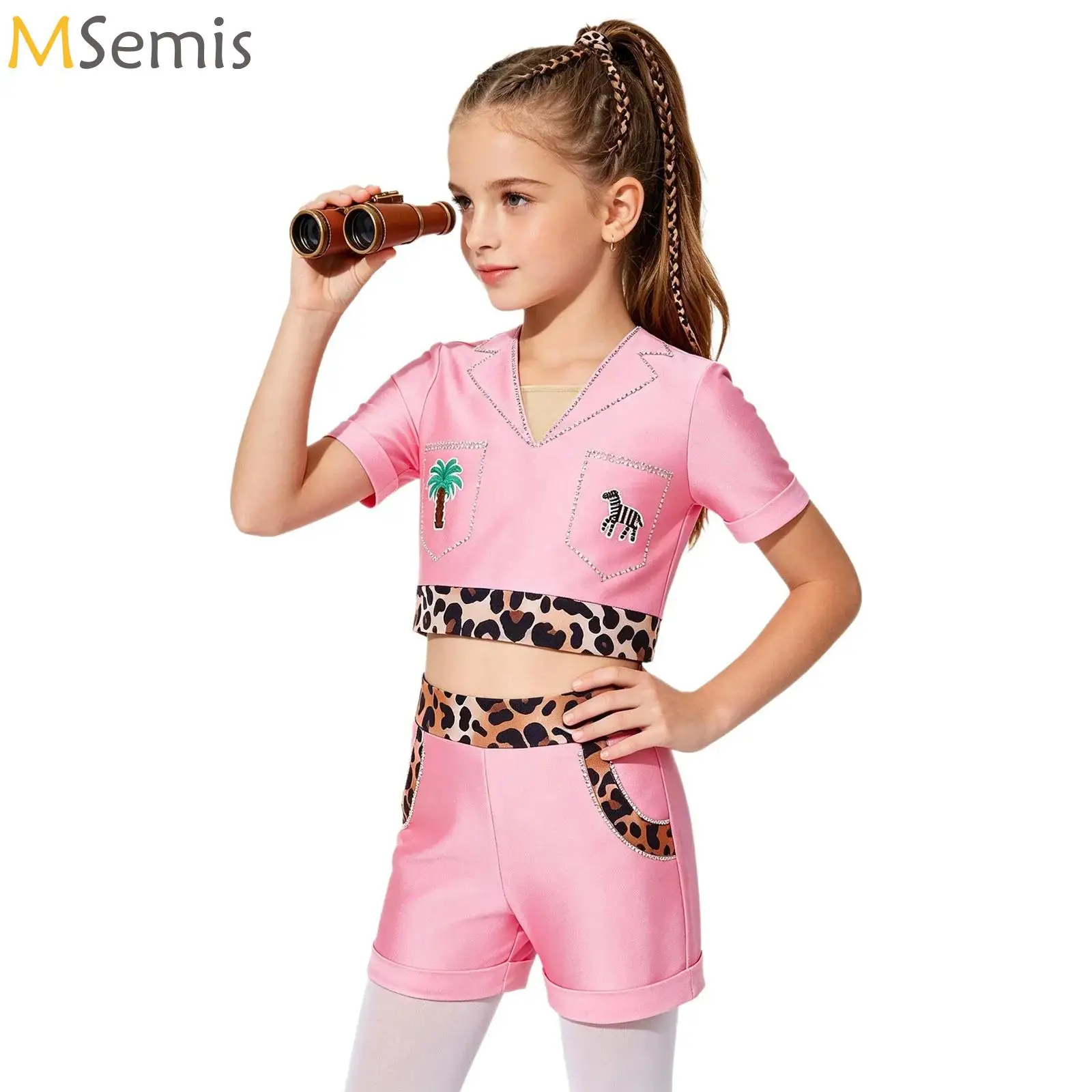 Kids Girls Ballet Dance Sets Leopard Print Shiny Rhinestone Crop Top with Shorts Costume for Latin Jazz Dance Stage Performance