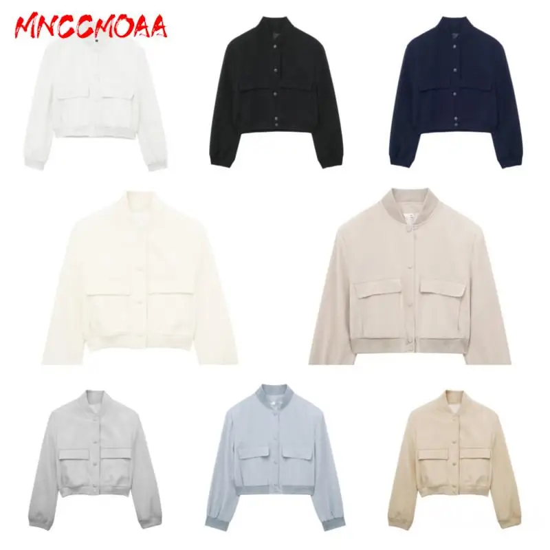 MNCCMOAA-Women\'s Vintage Pockets Baseball Jacket, Female Coat, Long Sleeve Tops, Casual Outerwear Monochromatic New Fashion 2024