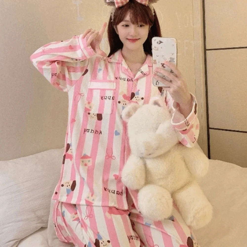 

Fashion Flip Collar Stripe Pajamas Set Penguin Dog Long Sleeves Pajamas Loose Home Wear Two Pieces Nightwears Women