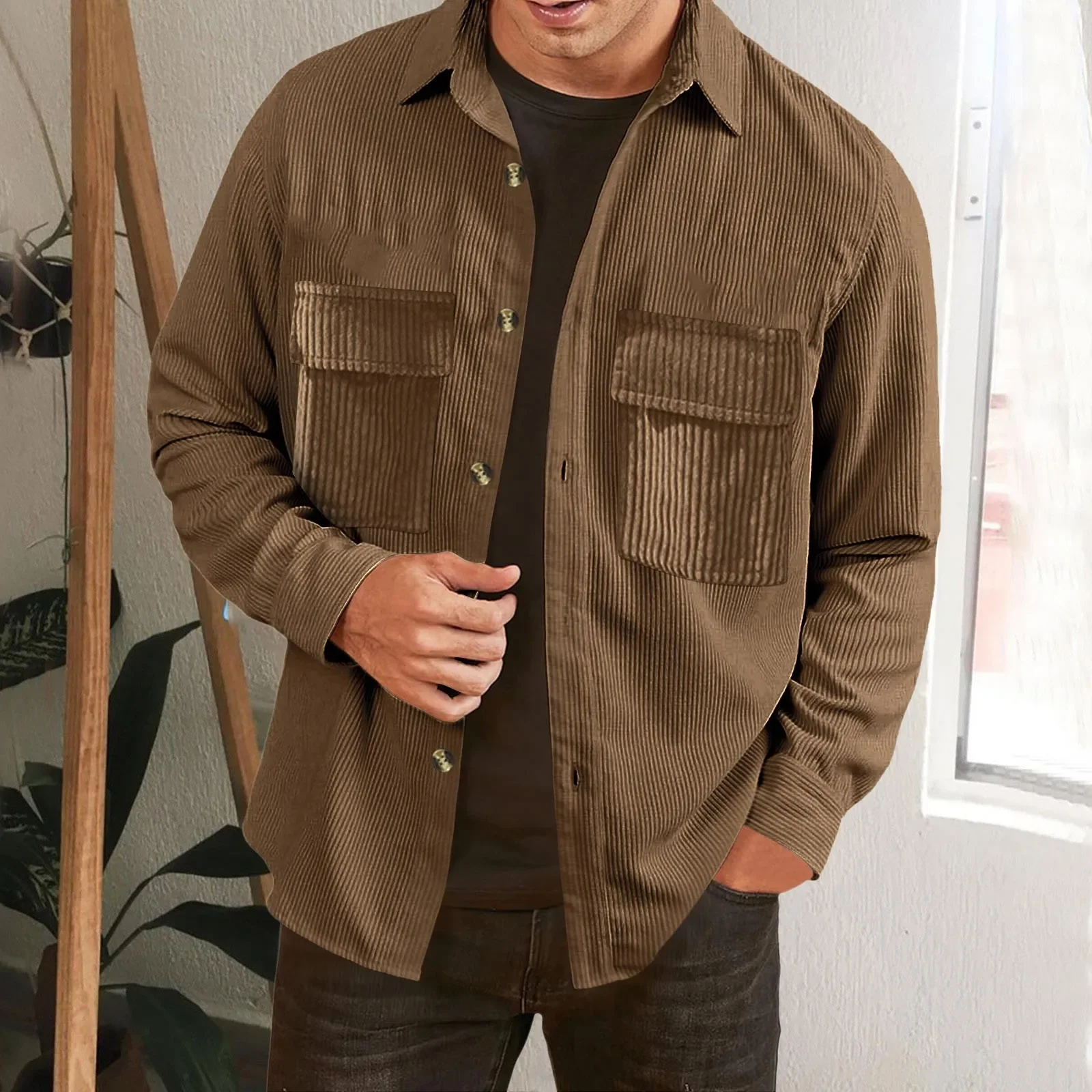 Men\'s Corduroy Shirt Fashion Vintage Long Sleeve Simple Casual Jackets Coat Solid Color Thick Cargo Shirt Male Shacket