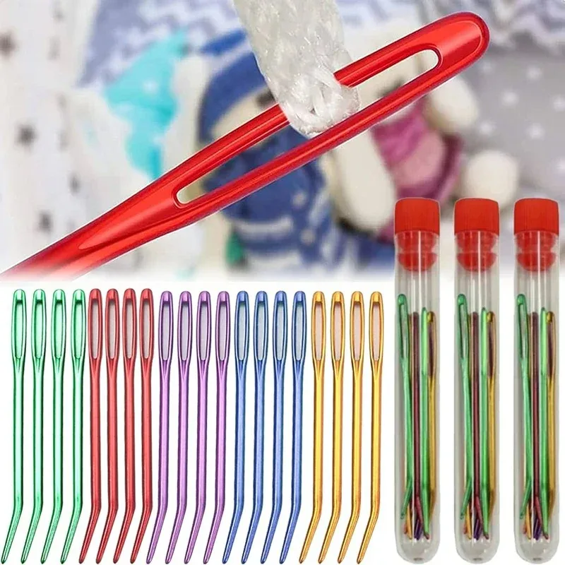 12pcs Aluminum Bent Tip Crochet Needles Tapestry Darning Knitting Needles DIY Crafts Sewing Big Eye Bent Needle Yarn Weave Tool