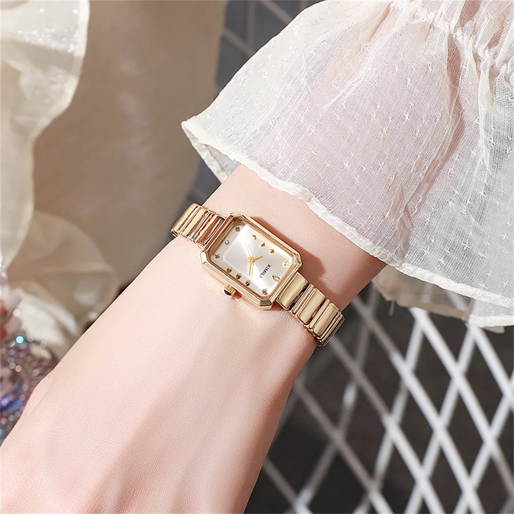 Women Gold Square Watch Fashion Simple Korean Version Female Student Stainless Steel Bracelet Quartz Wristwatches Clock Gift