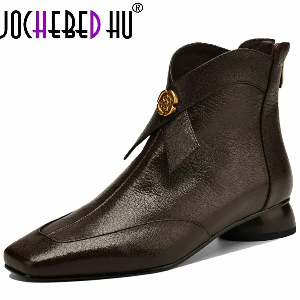 

【JOCHEBED HU】Women's sheepskin bowtie decoration back zip flats autumn ankle boots high quality soft comfortable casual 34-41