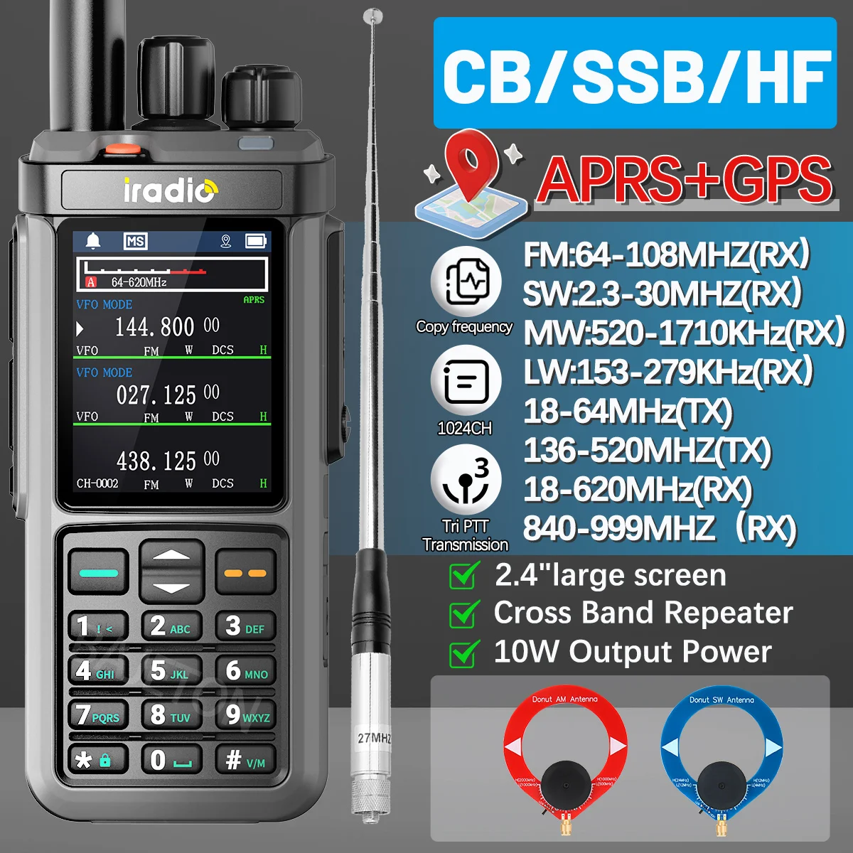 

Iradio UV-98 PLUS GPS APRS Ham Radio Многодиапазонный 10 Вт AM FM CB SSB HF Повторитель поперечного диапазона 2,4 дюйма Коротковолновая рация с большим экраном