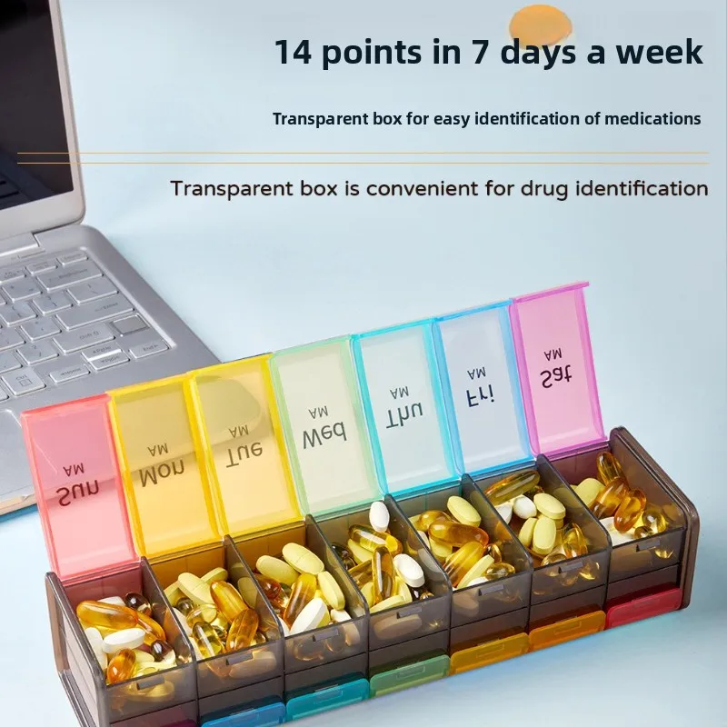 

Dual-Row Weekly Pill Organizer – 14-Compartment Portable Medicine Case with Moisture-Proof Seal & Color-Coded Lids 7-Day Travel