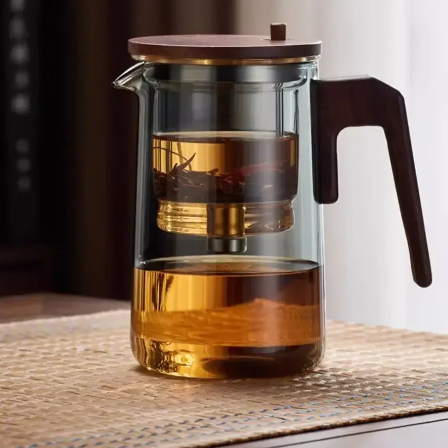 One Click Magnetic Switch Tea Separation Filtration Glass Tea Pot Wood Handle Tea Water Separation Inner Container Teapot