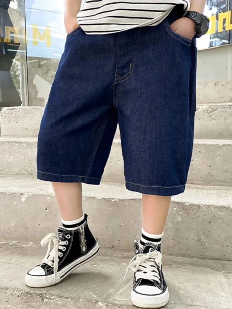 New Boys Summer Fashion Denim Shorts Kids Casual Loose Thin Knee-Length Trousers 3-12 Years Teenager Outdoor Five-point Pants