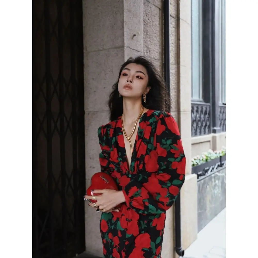 2024 Autumn New Fashionable Printing V-neck Long Sleeve Floral Dress Ladies Temperament Irregular Vintage Dress Women Clothes