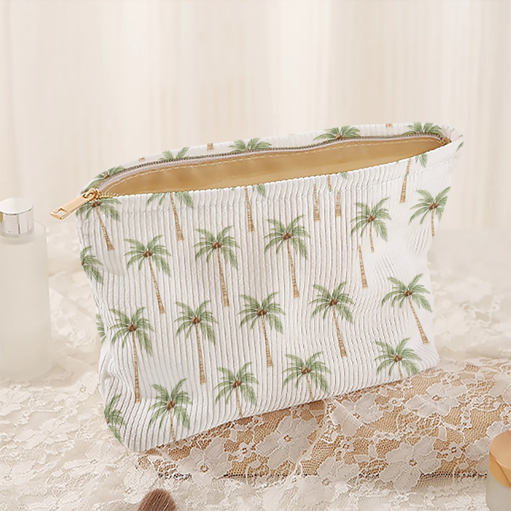 Makeup Bag Palm Tree Pattern 2D Print Friendly Corduroy Fabric Resistant Versatile for Business Trips/Travel/Vanity Organization