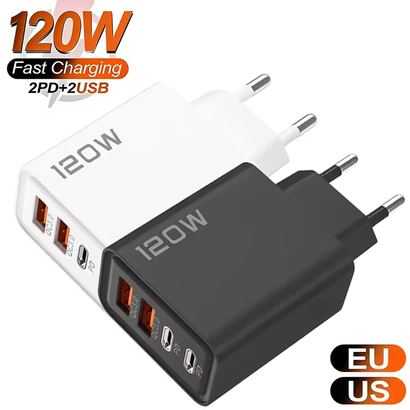 Cargador USB C de 120W con 4 puertos, adaptador de corriente de carga rápida para iPhone, Samsung, Xiaomi, tipo C, enchufe europeo/estadounidense, cargador de pared.