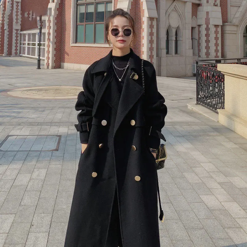 Fashion Elegant Black Woolen Coat 2022 Autumn And Winter New Loose Double-breasted Temperament Hepburn Long Red Overcoat Jacket