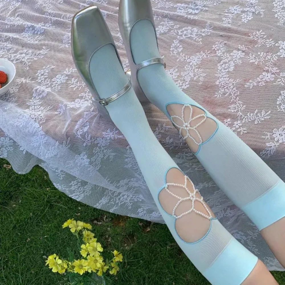 Chaussettes d'été faites à la main Sweet Pearl, adorables chaussettes coréennes style Ins, accessoires de jupe pour rendez-vous en extérieur, bas en soie