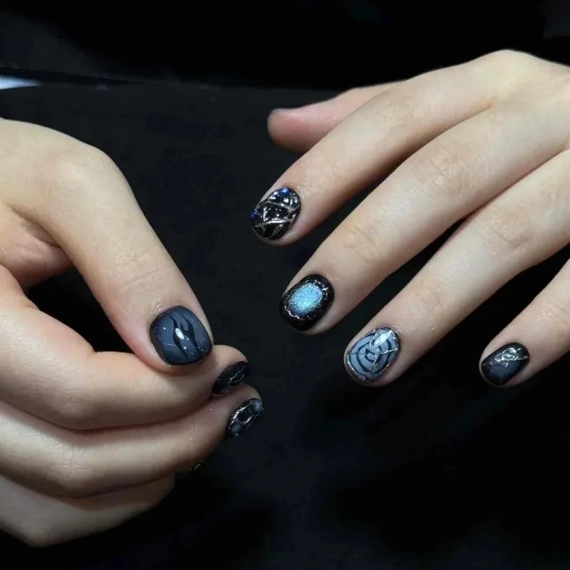10PCS Dark Blue Cat Eye Short Squoval Handmade Press on Nails Gothic Black Thorn Symbol Metal Silver Spider Web False Nails Tips