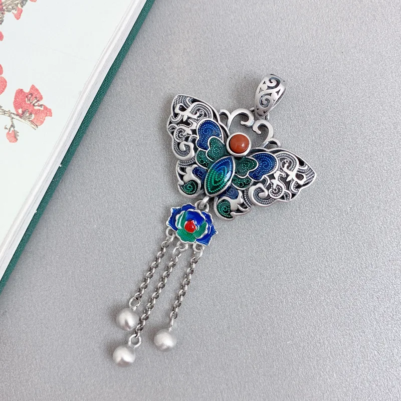 Silver 925 Exquisite Enamel blue-green Butterfly Pendant Tassel Retro Ethnic Style Auspicious Cloud Necklaces Wedding Jewelry