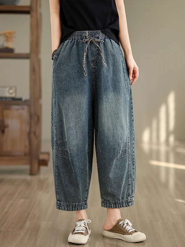 

Summer Thin Loose Women's Jeans Casual Harlan Pants Slimming Dad Jeans High Waist Nine Points Blue Denim Casual Long Trousers