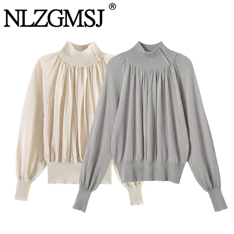 Nlzgmsj 2026 Frühling Damen Strick-Patchwork Bluse mit Hohem Kragen Elegantes Drapiertes Plissiertes Langarm-Bürohemd