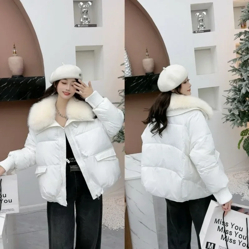 Short Down Winter Coat for Women, Fashionable and Stylish, Warm and Small, White Duck Down, Big Fur Collar Jacket