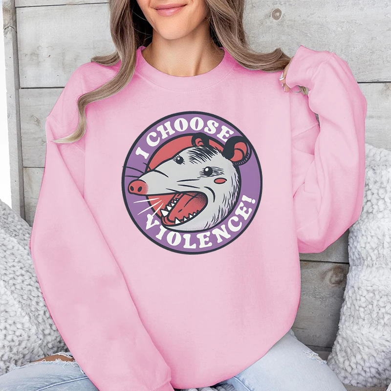 I Choose Violence Opossum Cartoon Sweatshirt Funny Opossum Harajuku Fashion Sweater Women Animals Street Cat Autumn Sweatshirts