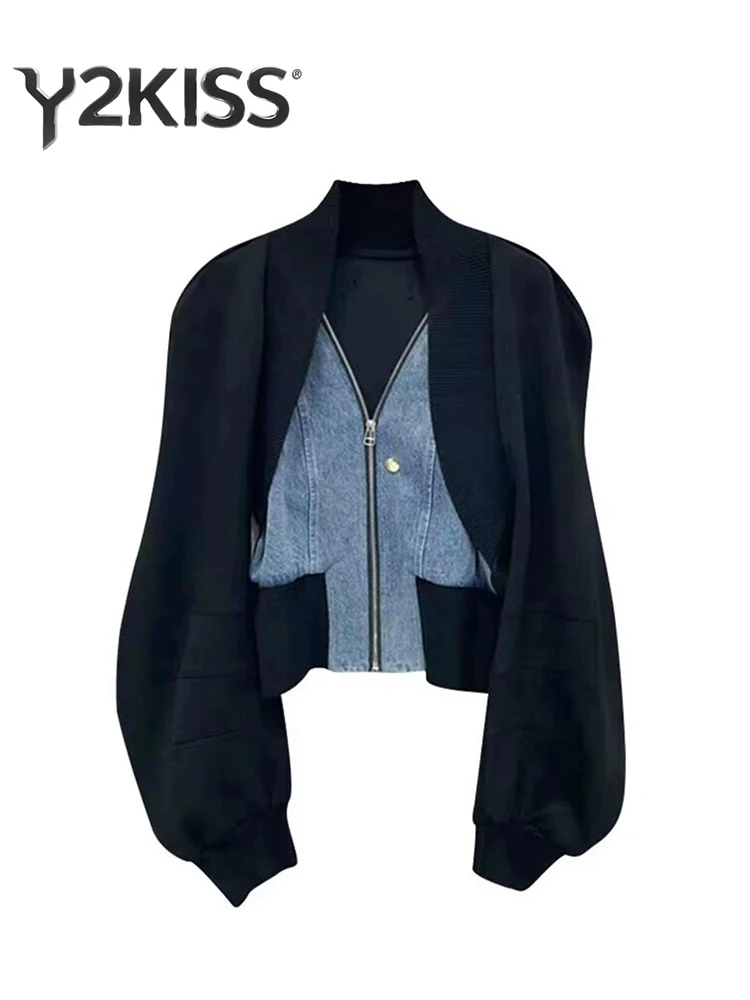 

2025 Autumn Winter Women Denim Patchwork Long Sleeve Cardigan Crop Sweater Design Knitwear Korean Fashion 2000s Aesthetic New