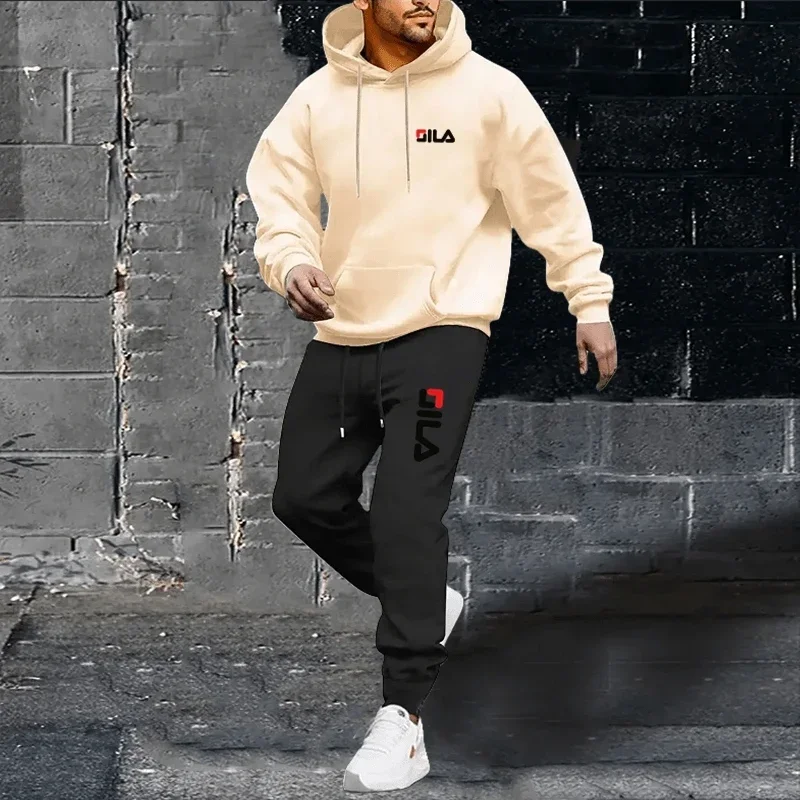 2025 hommes marque pull à capuche + taille élastique pantalon printemps et automne loisirs de plein air Jogging Fitness deux pièces ensemble