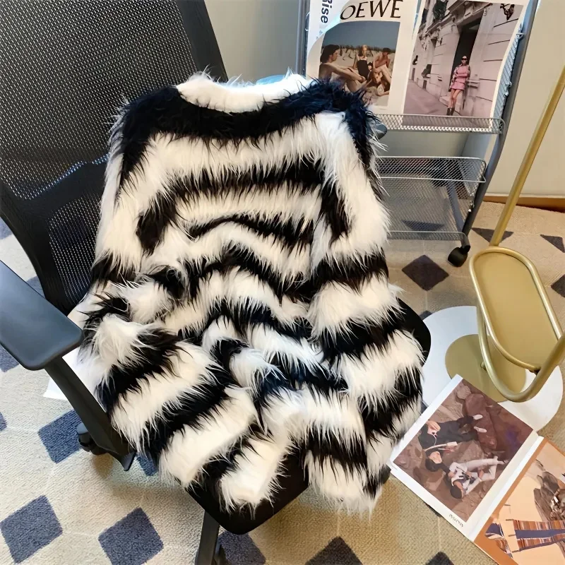 Color Contrast Black White Stripes Imitation Mink Wool Pullover Long Hair Sweater Women Autumn Winter Lazy Wind Knit Warm Top