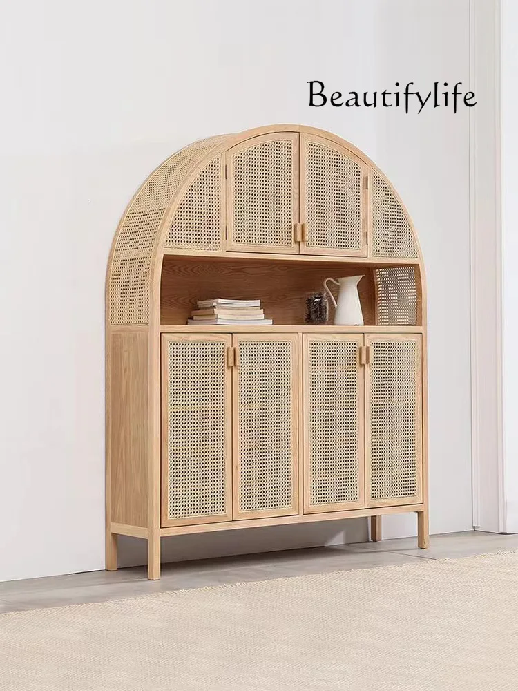 

Nordic Solid Wood Antique Style Side Cabinet Household Rattan Storage Cabinet