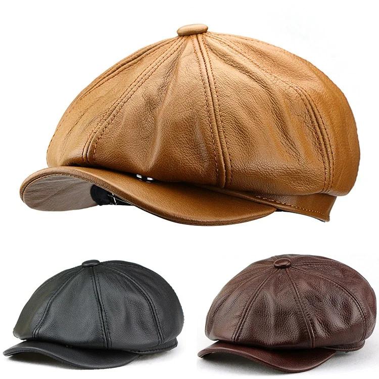 Leather Hat Octagonal Hat Middle-aged and Old Men Autumn and Winter Student Fashion Youth Duck Tongue Navy Beret