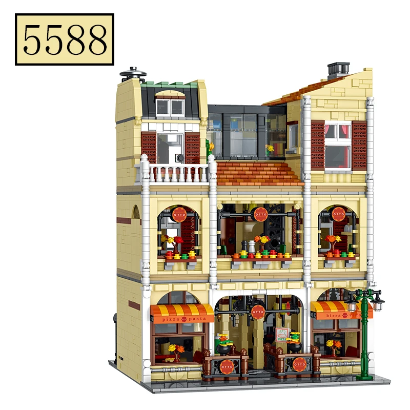 

MOC City Street Scene Super Sized European Style Retro Pizza Villa Shop Building Blocks Children's Puzzle Blcok Toys Gifts