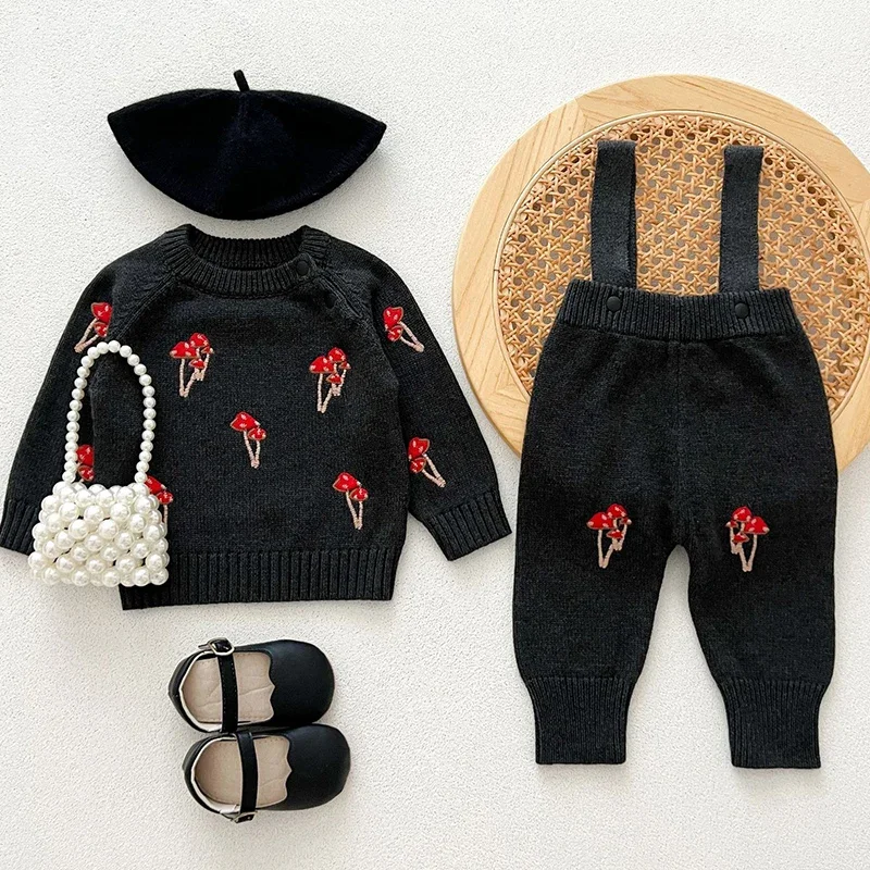 2024 New Autumn Infant Baby Girls Knitted Clothing Set Long Sleeves Embroidery Sweater+Jumpsuit Children Knitted Clothes Suit