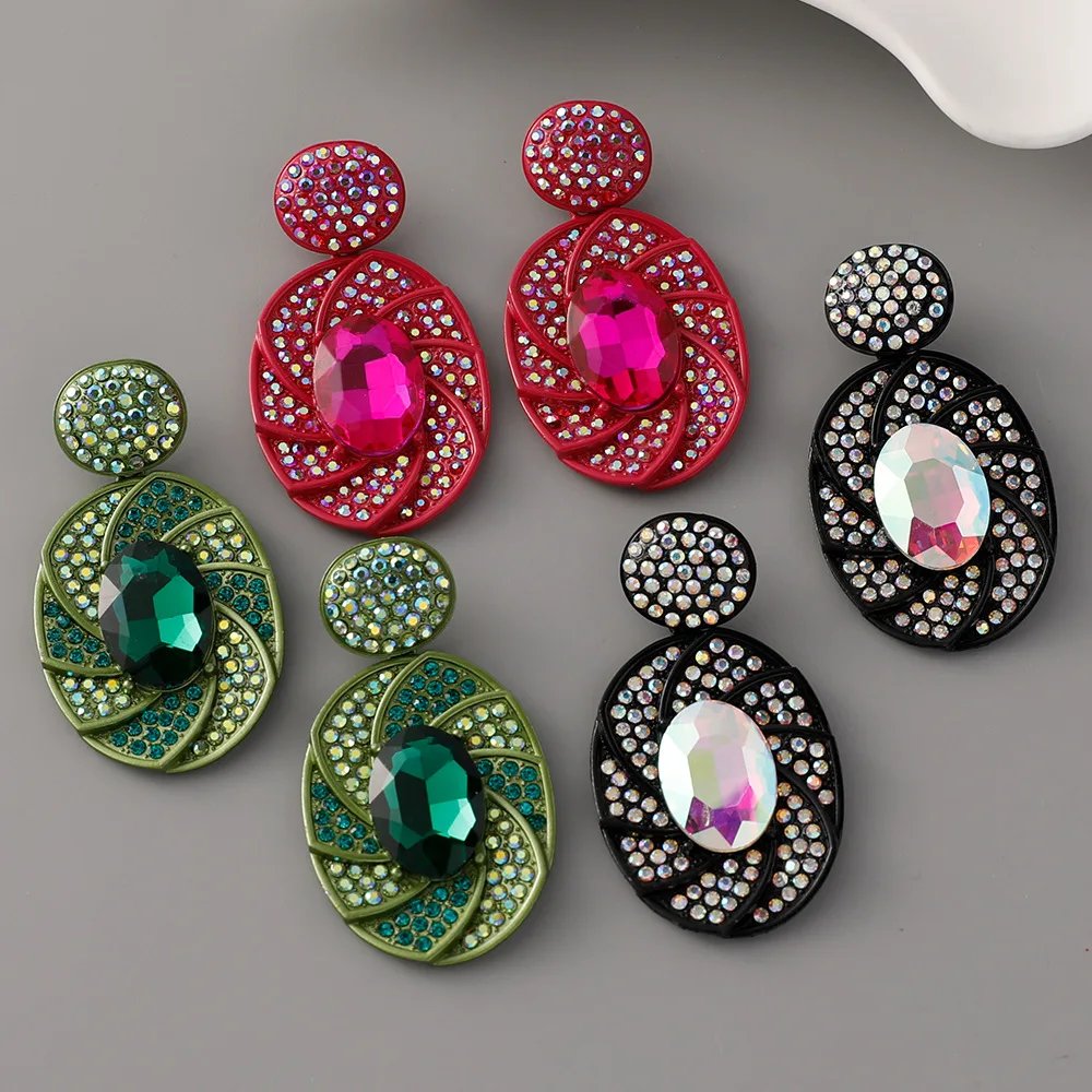 Luxury Oval Flower Full Rhinestones Statement Black Green Fuchsia Women Drop Earrings for Wedding Boho Jewelry