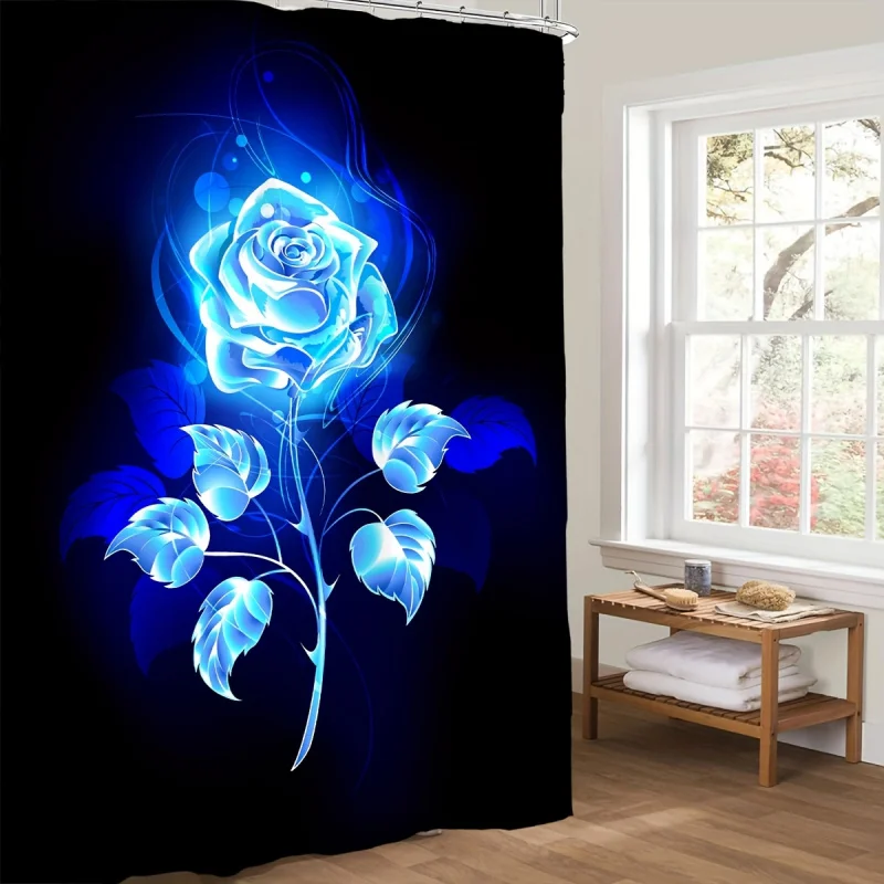 Blue Neon Rose shower set non-slip mats, modern art design waterproof polyester bath curtain with 12 hooks, to