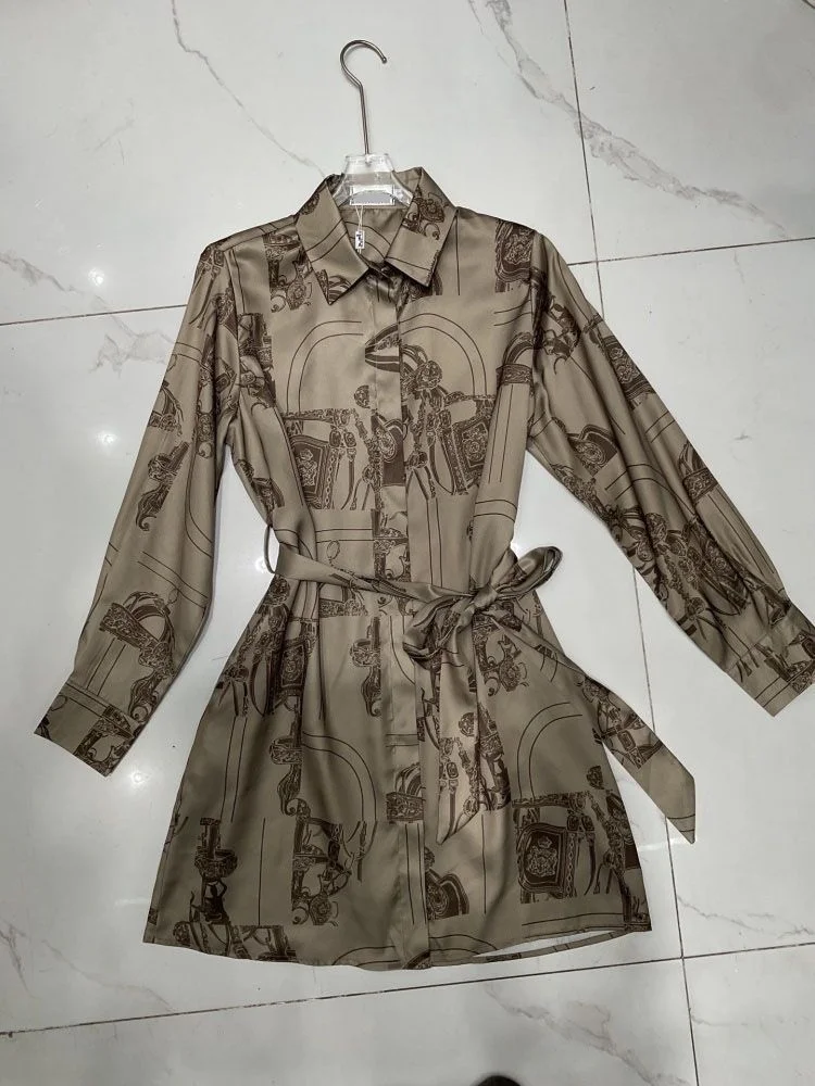 

Женское винтажное платье-рубашка Clothland с принтом, длинными рукавами и поясом, мини-платье А-силуэта QE421