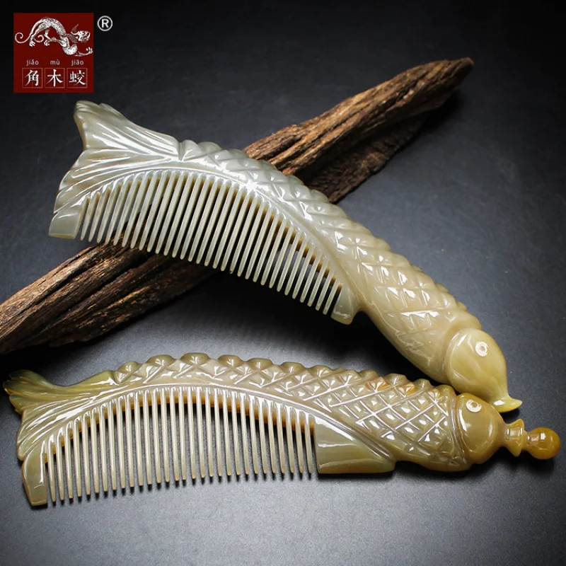 

Horned Yak Horn Comb Carved in the Shape of a Fish