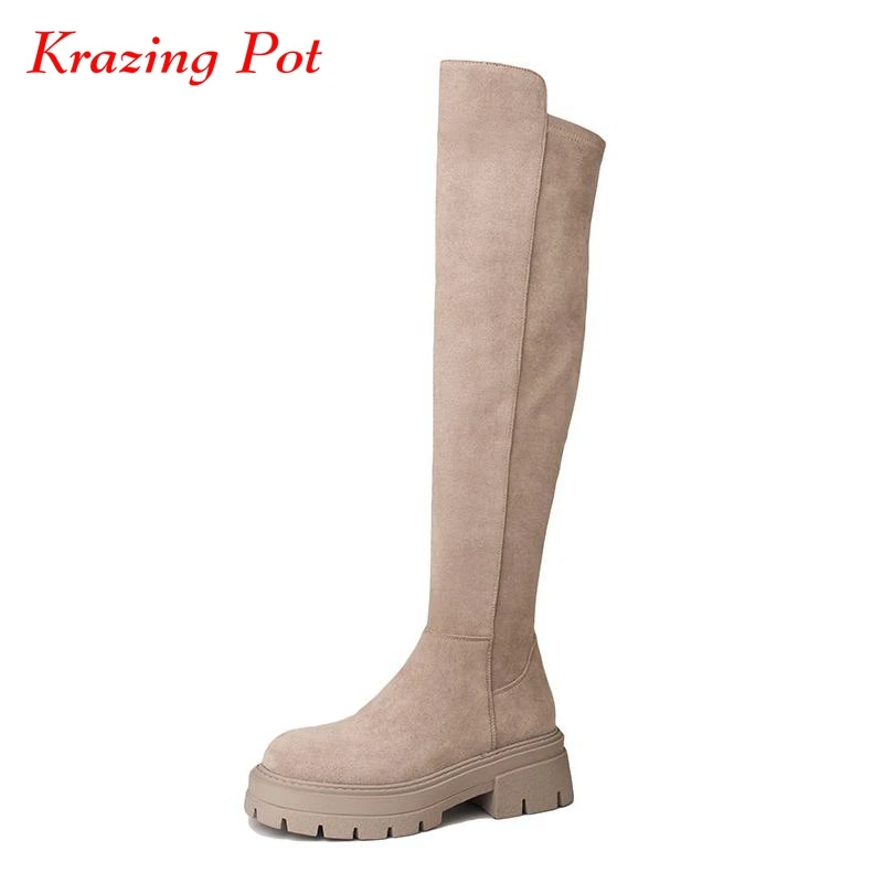 Krazing Pot Flock Round Toe Thick Bottom Platform Boots Winter Keep Warm Zipper Punk Design Leisure Fashion Over-the-knee Boots