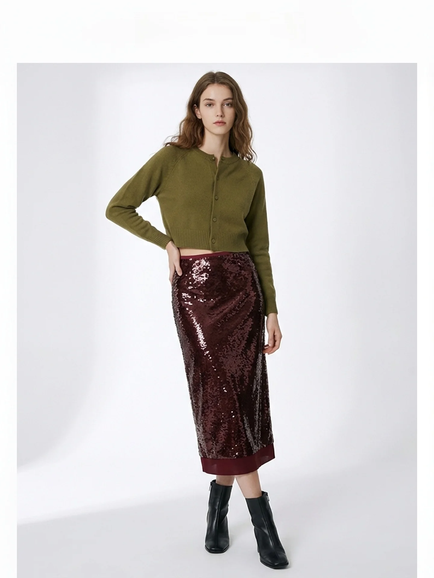 

Юбка-миди прямого кроя с пайетками, завышенной талией, разрезом и эффектом стройности, женская, весенняя, из полиэфирного волокна