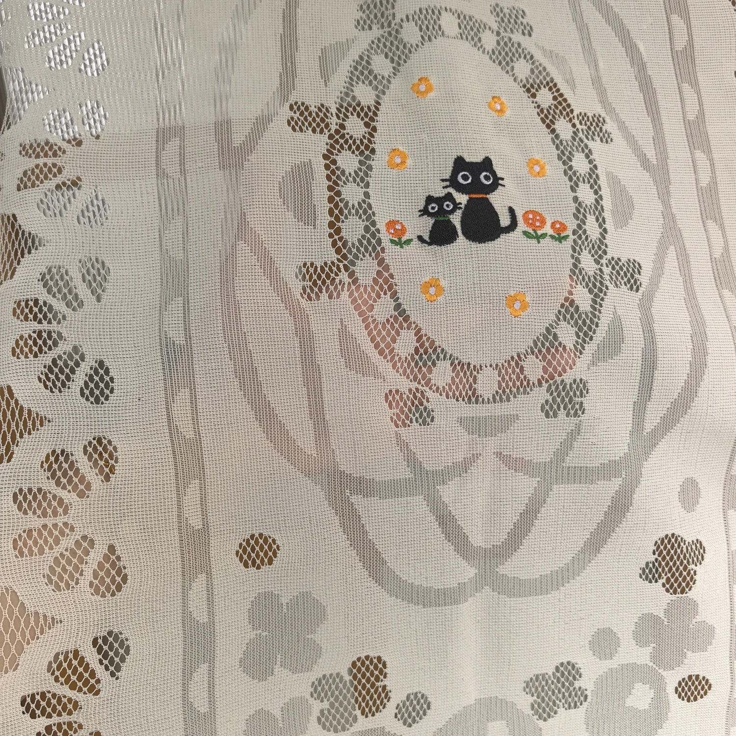 Japanese Style Doorway Curtains Noren, Cat Embroidery Lace Short Curtains for Shops, Kitchen Hollow Design Light Filtering Drape